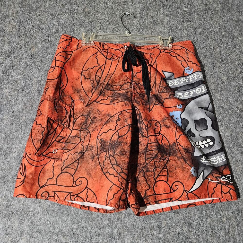 Ed Hardy Shorts Mens Medium Skull Death Before Dishonor Swim Trunks Tattoo